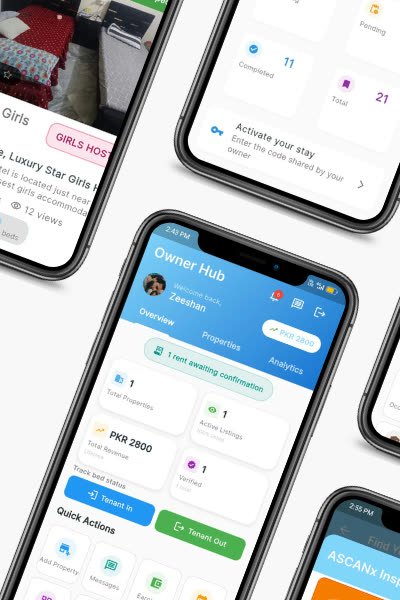 ASCANX app screens: owner hub dashboard, hostel group chats, and a verified listing